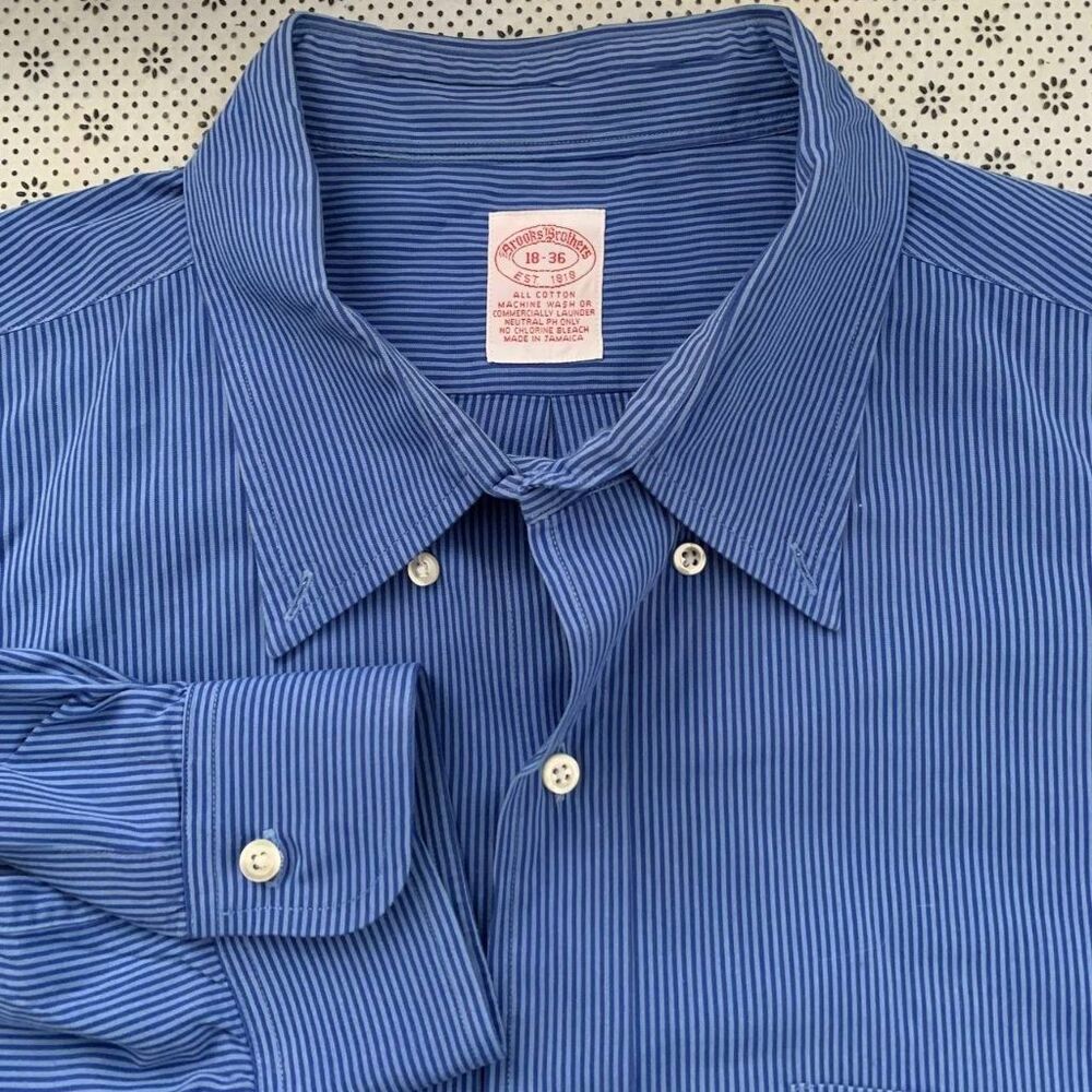 Brooks Brothers 18-36 Blue Stripe All Cotton Long Sleeve Dress Shirt XL Tall